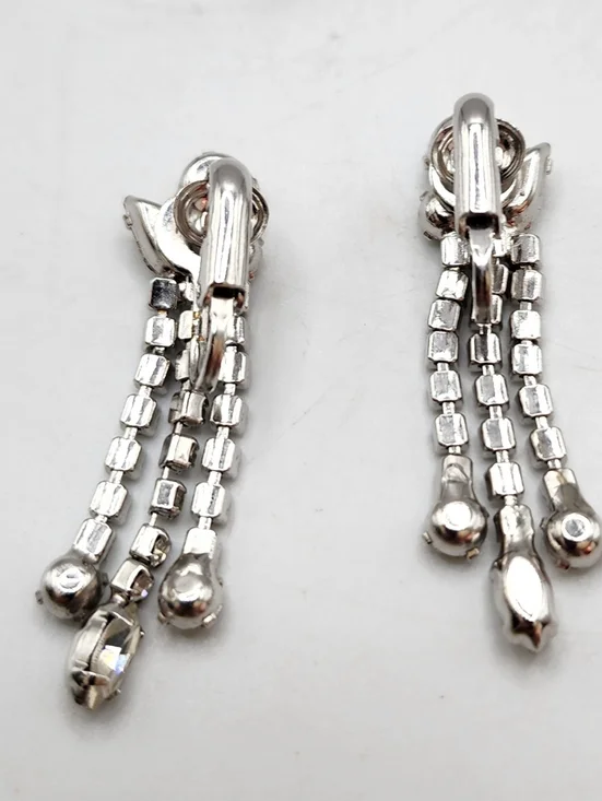 Vintage Crystal Dangle Rhinestone Clip-on Three Strand Sparkle Bling - Picture 7 of 8